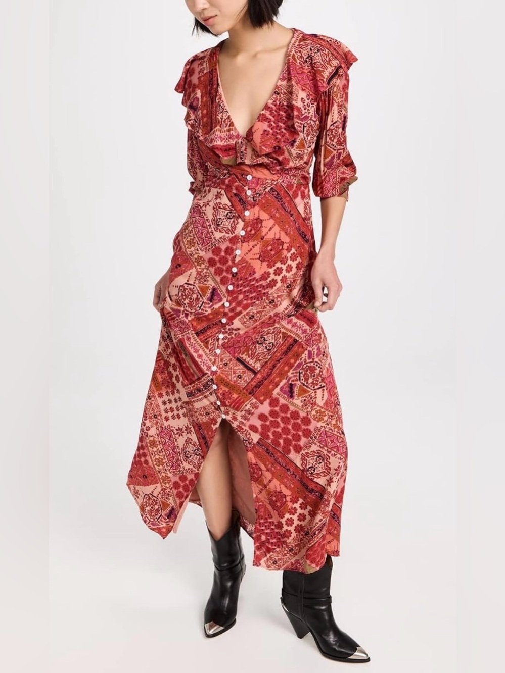 Free People Lennon Floral Boho Patchwork Button Front Maxi Dress